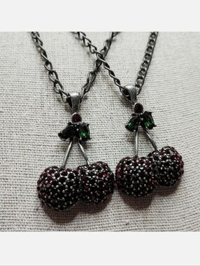 Two Swarovski Red & Emerald Crystals Cherry Cherries Rock-A-Billy Necklaces NEW